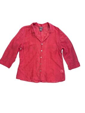 Sigrid Olsen Linen Silk Floral Burnout Sheer Button Front Top Size Large